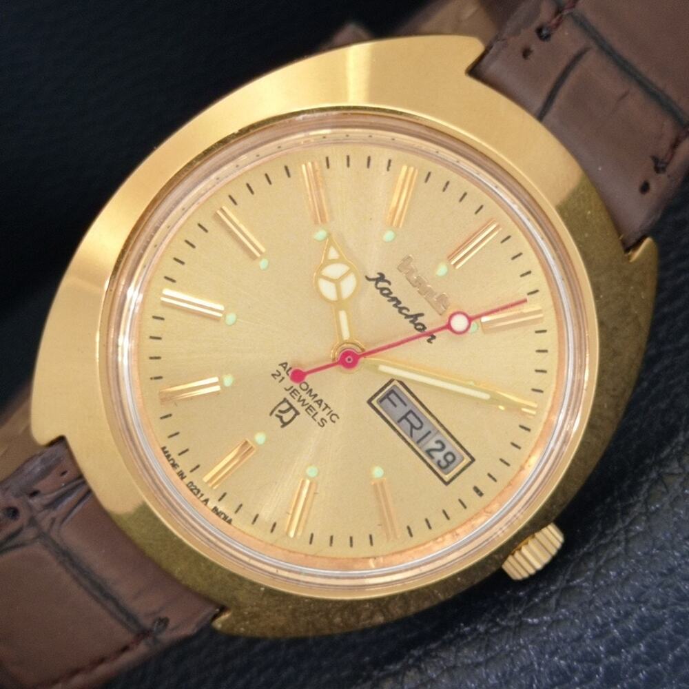 Vintage 1976 HMT Automatic Wound Mens Gold Watch W/daydate & Red accents